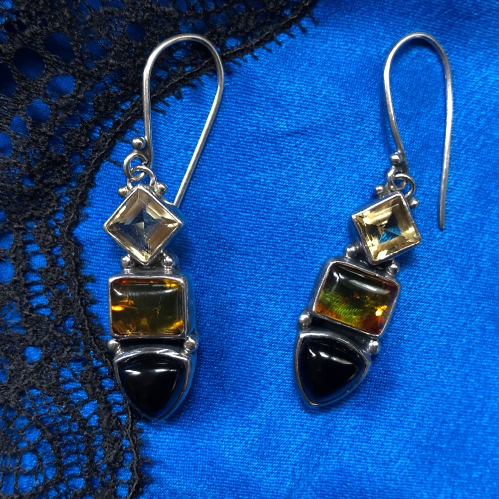 Earrings Vintage Black Onyx Solid Silver Mix Stones $199